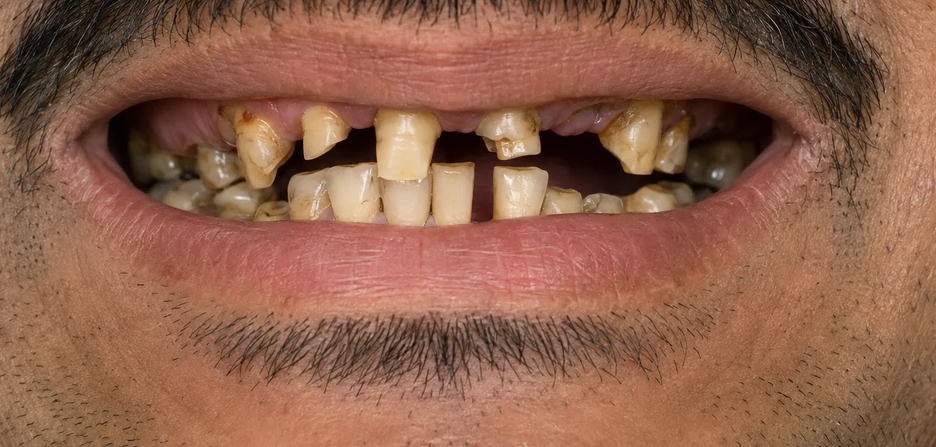 Before treatment: worn, broken and misaligned teeth